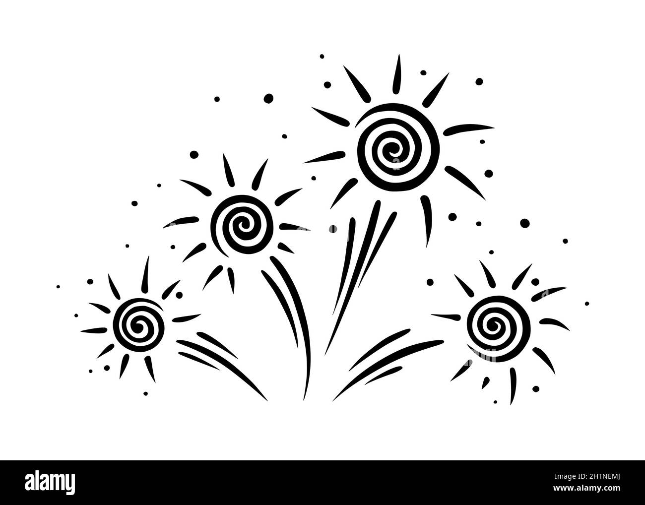 Scintillanti fuochi d'artificio Doodle. Lucenti prefazioni per feste e celebrazioni. Illustrazione vettoriale isolata su sfondo bianco Illustrazione Vettoriale