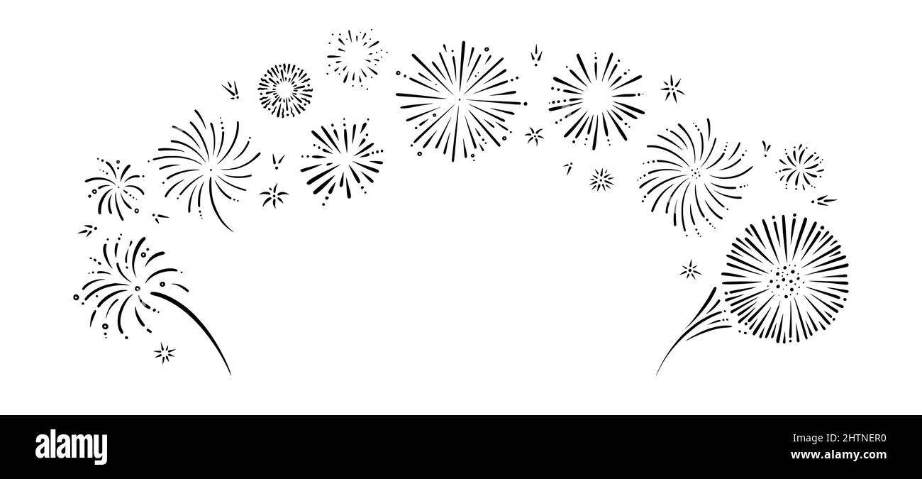 Telaio per fuochi d'artificio Doodle. Lucenti prefazioni per feste e celebrazioni. Illustrazione vettoriale isolata su sfondo bianco Illustrazione Vettoriale