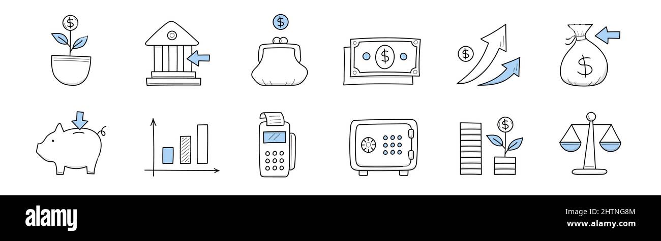 Finanza, banca investimento doodle icone albero di soldi in vaso di fiori, costruzione, borsa con moneta di dollaro, fatture di valuta di carta, frecce crescenti, sacco di soldi, banca di piggy, Terminale POS, bilancia Set vettoriale Line art Illustrazione Vettoriale