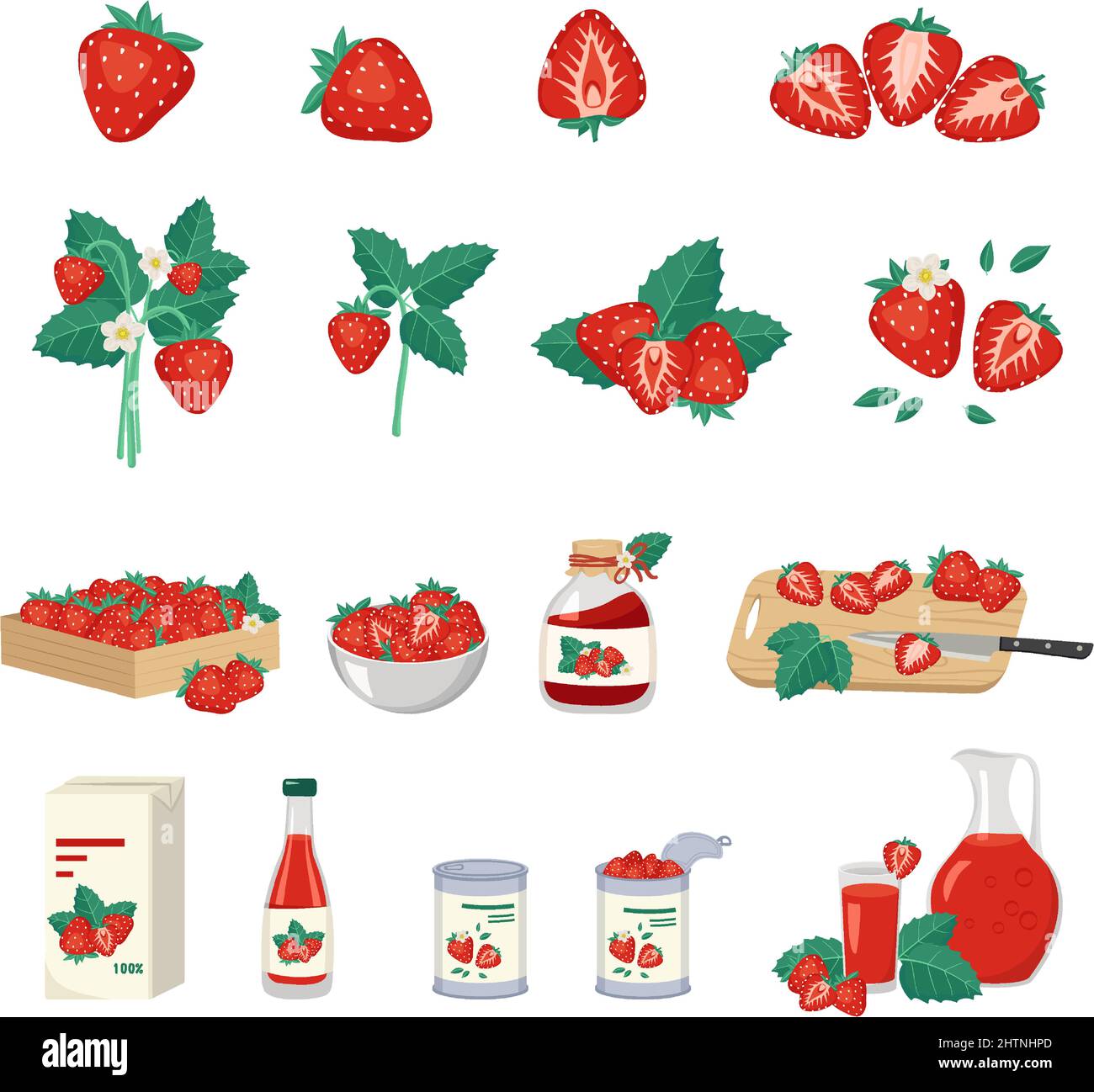 Set di fragole rosse e prodotto da esso. Bacche in scatola, ciotola e su asse di legno, vasetto di marmellata, confezione, bottiglia, bicchiere e brocca di succo, lattine con frutta. Illustrazione piatta vettoriale Illustrazione Vettoriale