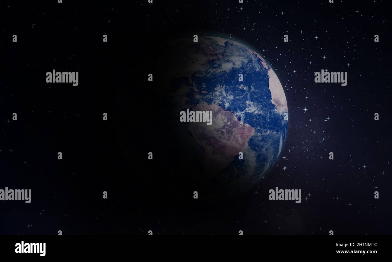 Globo Terra in ampio spazio con sfondo Dark Starry. Pianeta globale realistico Foto Stock