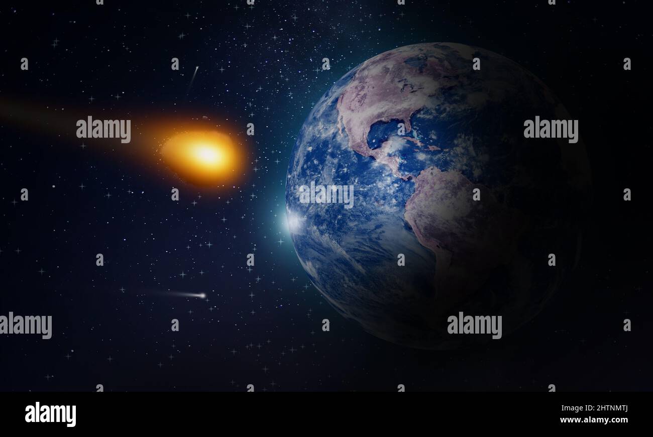 Grande asteroide che andrà a colpire pianeta Terra. Evento Cosmos spettacolare e probabilità di catastrofe di Astronomia Foto Stock