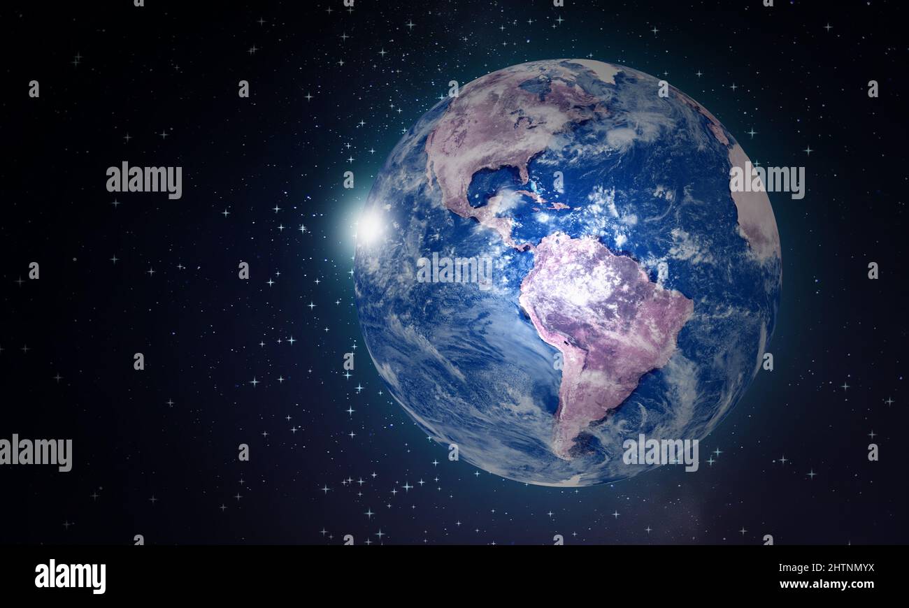 Il pianeta Terra in uno spazio esterno infinito. Dark Starry Universe con Spheris Globe Map. COSMOS e Scienza Foto Stock
