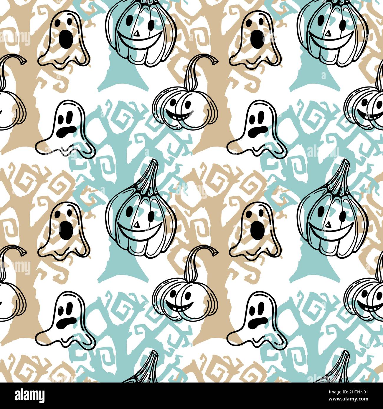 Sfondo senza cuciture con elementi di Halloween disegnati in stile doodle. Fantasmi carini e una zucca. Sfondo monogamoso di Halloween Illustrazione Vettoriale