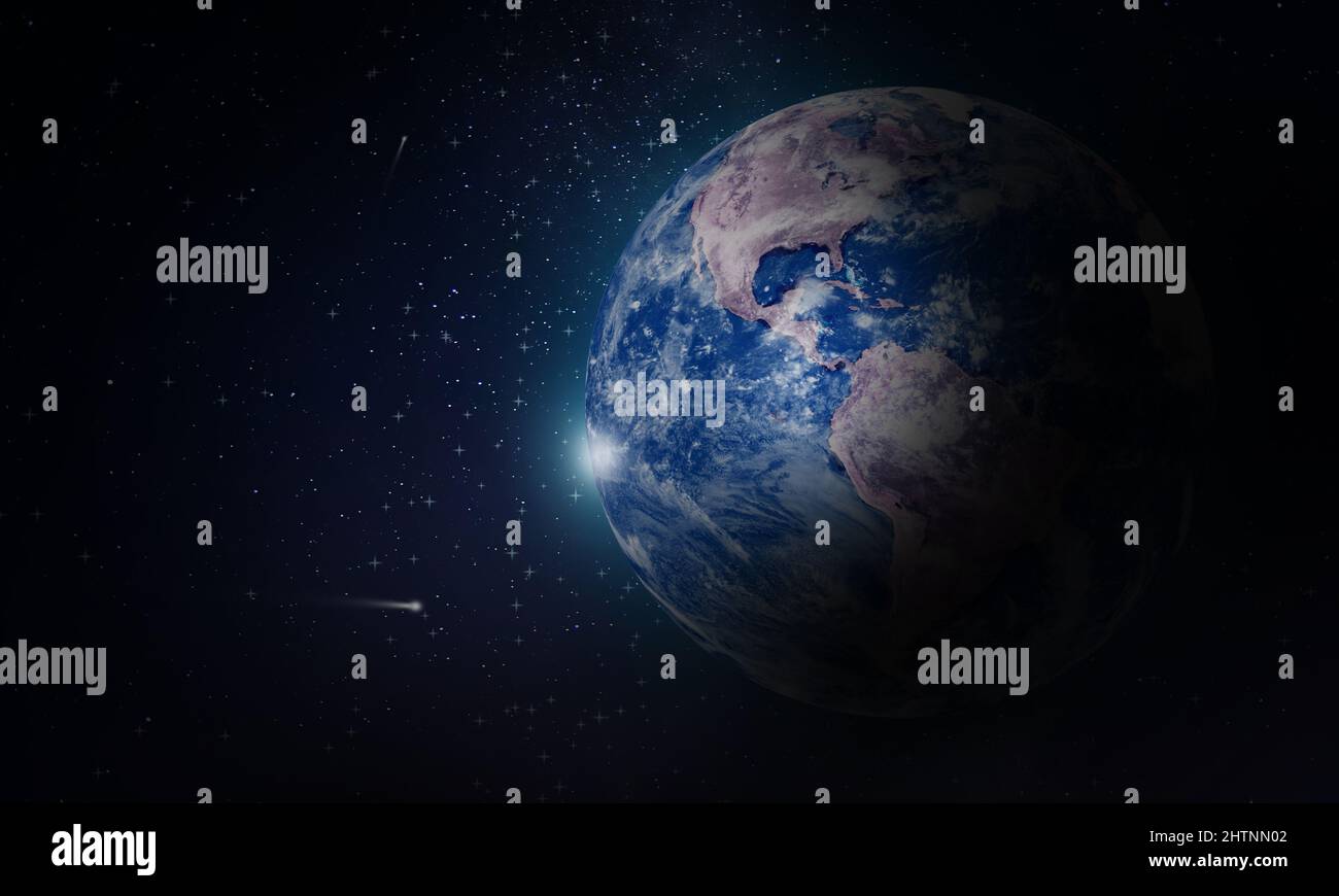 Pianeta Terra nell'Universo infinito con spazio copia. Mappa del globo realistico nell'universo di Starry scuro Foto Stock