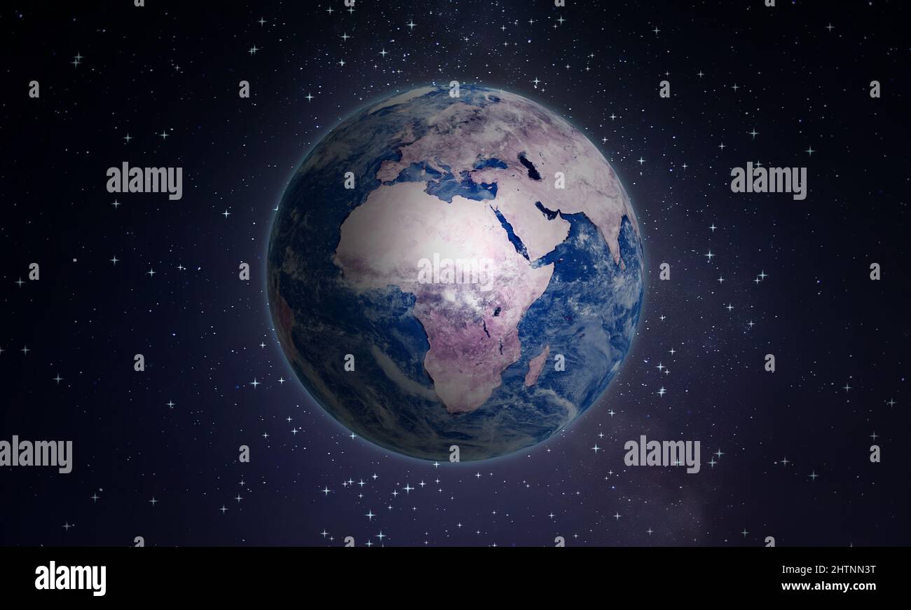 Il pianeta Terra in uno spazio esterno infinito. Dark Starry Universe con Spheris Globe Map. COSMOS e Scienza Foto Stock