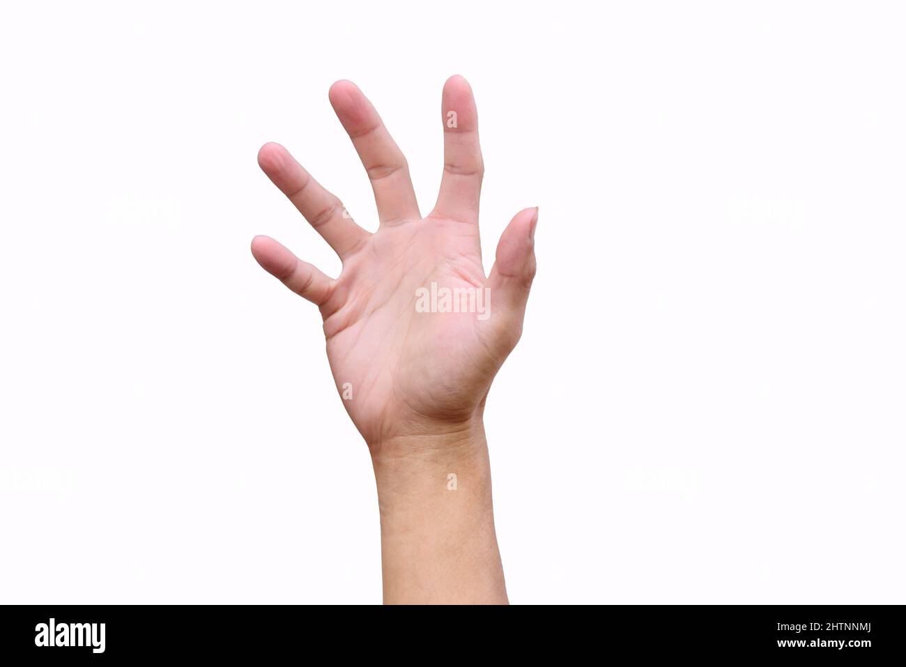 mostra il ricorso a mano per aiuto su sfondo bianco Foto Stock