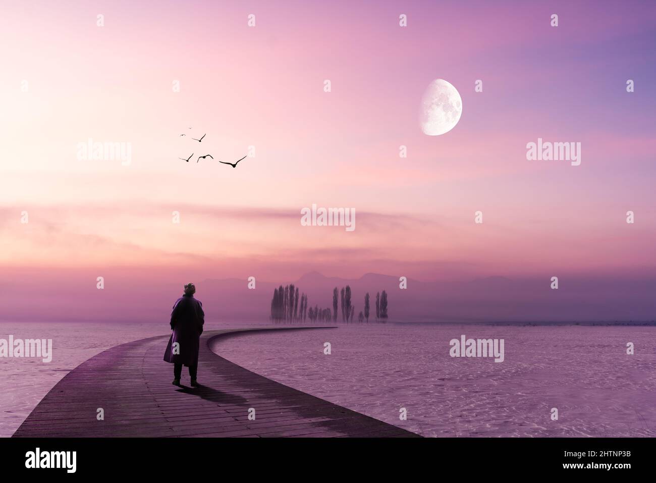 Un uomo solitario si trova su un molo di legno e guarda all'orizzonte con cielo lilla e luna. Illustrazione di alta qualità Foto Stock