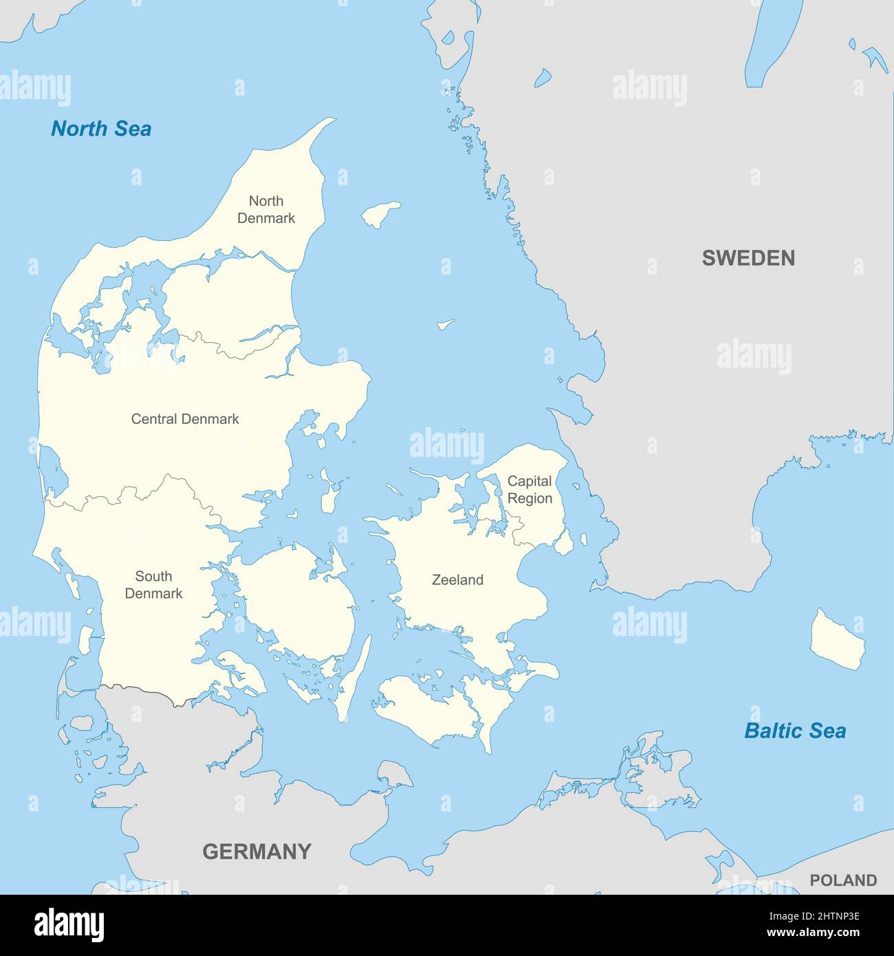 Carta politica della Danimarca con confini di regioni e paesi Illustrazione Vettoriale