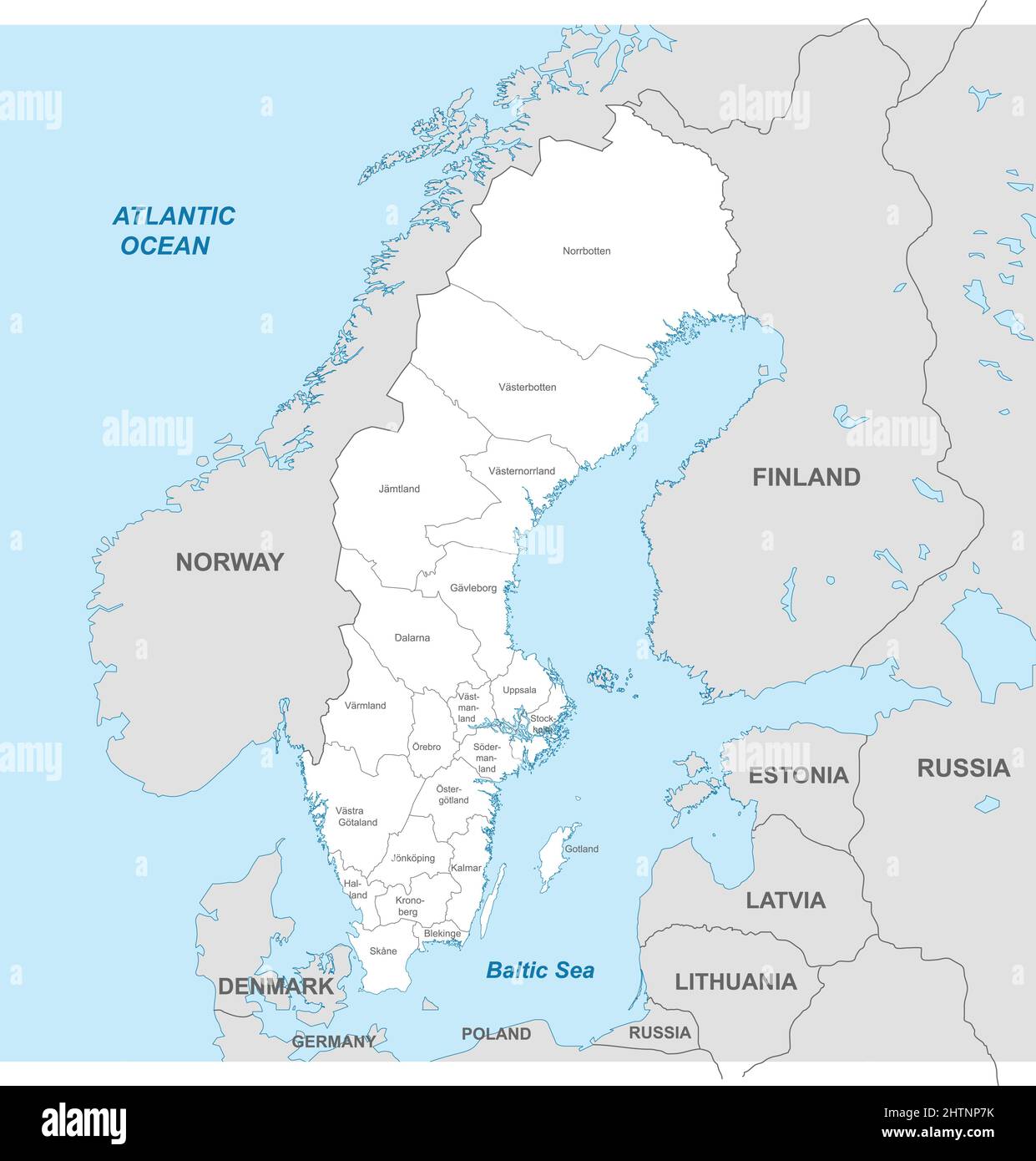 Carta politica della Svezia con confini di regioni e paesi Illustrazione Vettoriale