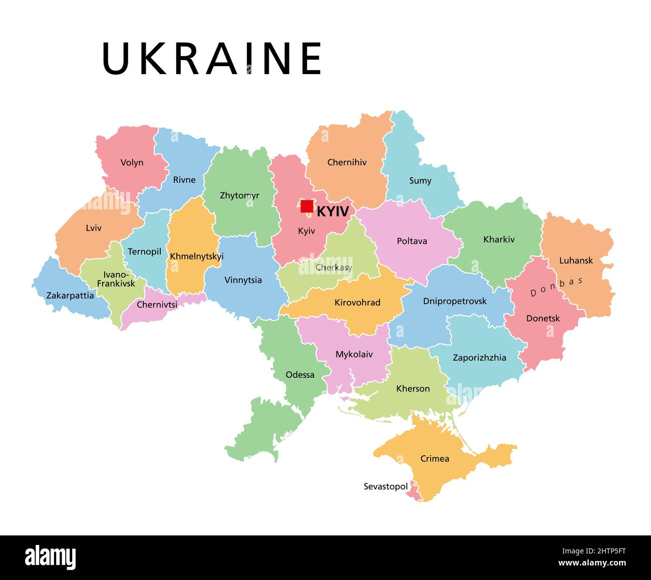 Ucraina, suddivisione del paese colorata, mappa politica. Divisioni amministrative dell'Ucraina, con centri amministrativi, stato unitario nell'Europa orientale. Foto Stock