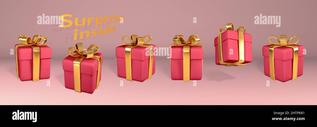 3D confezioni regalo rosse realistiche con arco dorato. Scatole di carta con nastro e ombra isolate su sfondo rosso chiaro. Illustrazione vettoriale. Illustrazione Vettoriale
