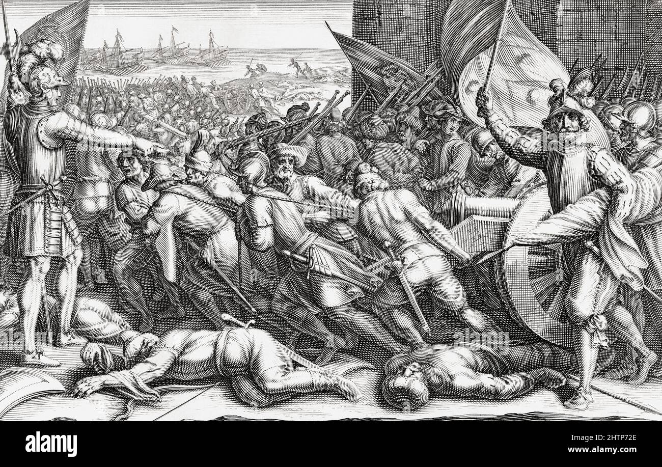 Imbarco delle truppe di Ferdinando i de' Medici dopo una vittoria sui Turchi. Ferdinando i de' Medici , 1549 - 1609 sostenne sia Filippo III di Spagna che il Sacro Romano Imperatore Rudolf II nelle loro campagne contro l'Impero Ottomano. Incisione all'inizio del 17th secolo dopo un dipinto di Matteo Rosselli. Foto Stock