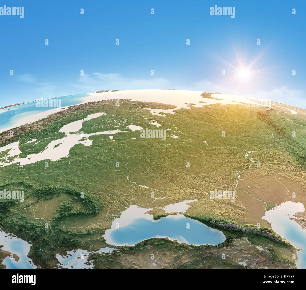 Mappa fisica del pianeta Terra, focalizzata Europa Centrale e Orientale. Vista satellitare, sole che splende all'orizzonte. Elementi forniti dalla NASA Foto Stock
