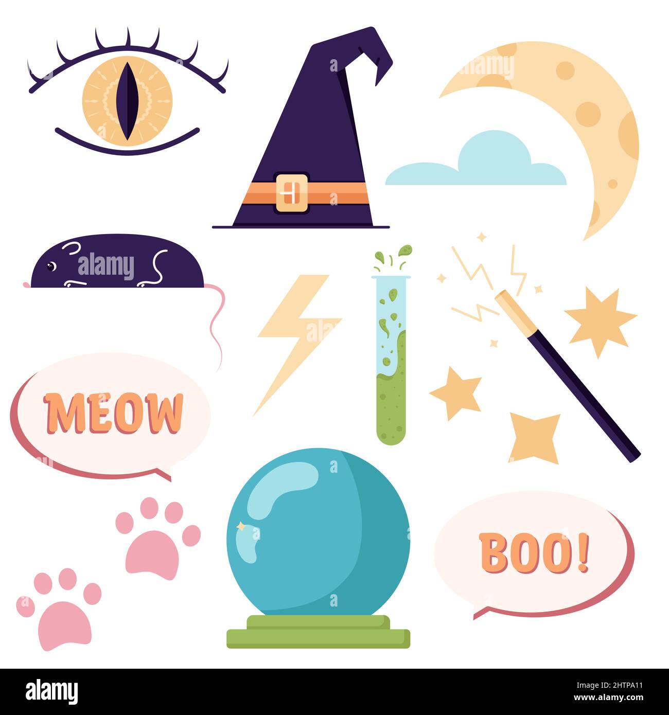 Una serie di icone con oggetti e simboli occulti, un occhio da vedere, un cappello da strega, una provetta con una pozione e altre cose mistiche. Misticismo Illustrazione Vettoriale