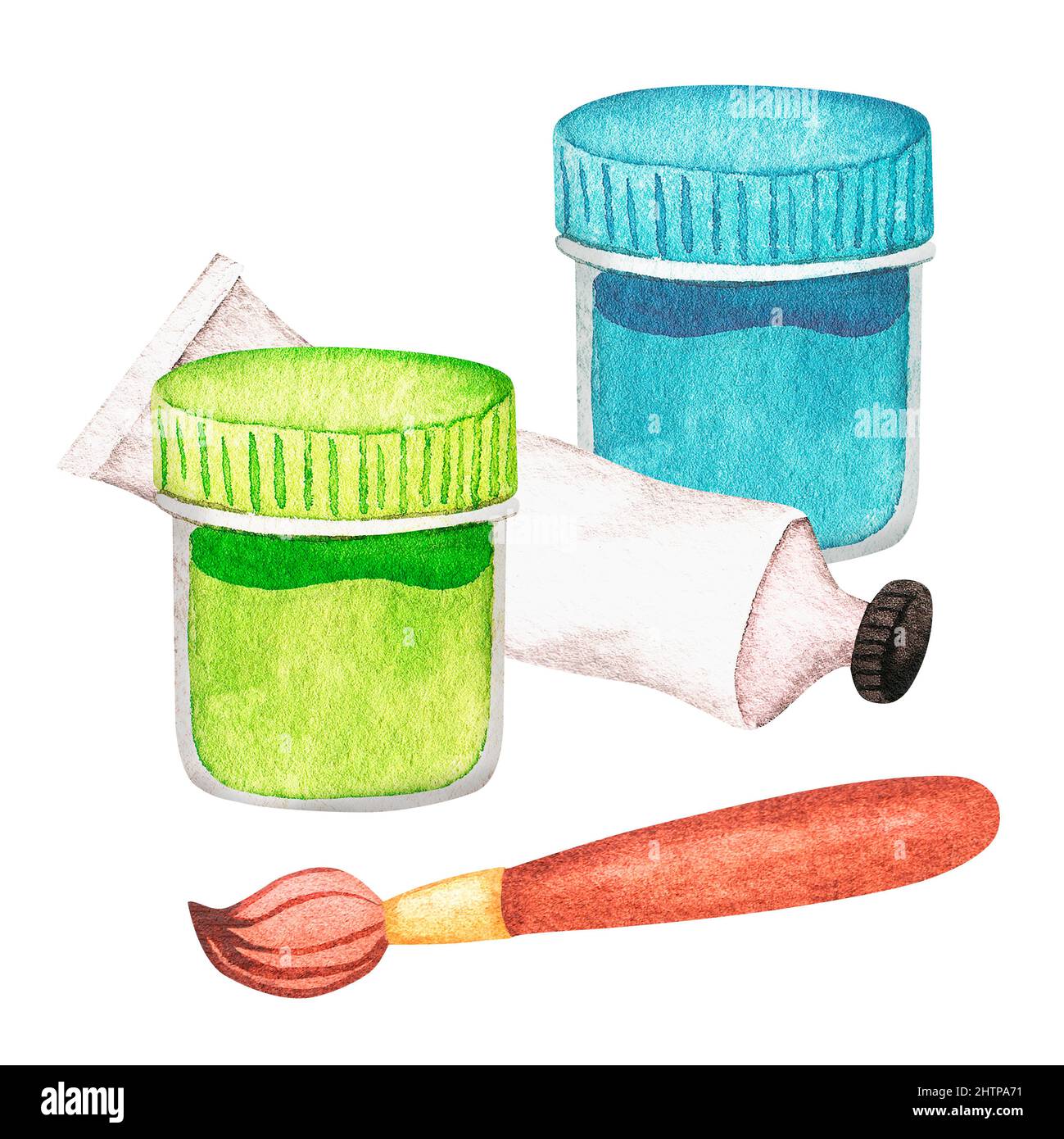 Vernici e un pennello. Gli strumenti dell'artista. Illustrazione dell'acquerello. Isolato su sfondo bianco. Per il tuo design Foto Stock