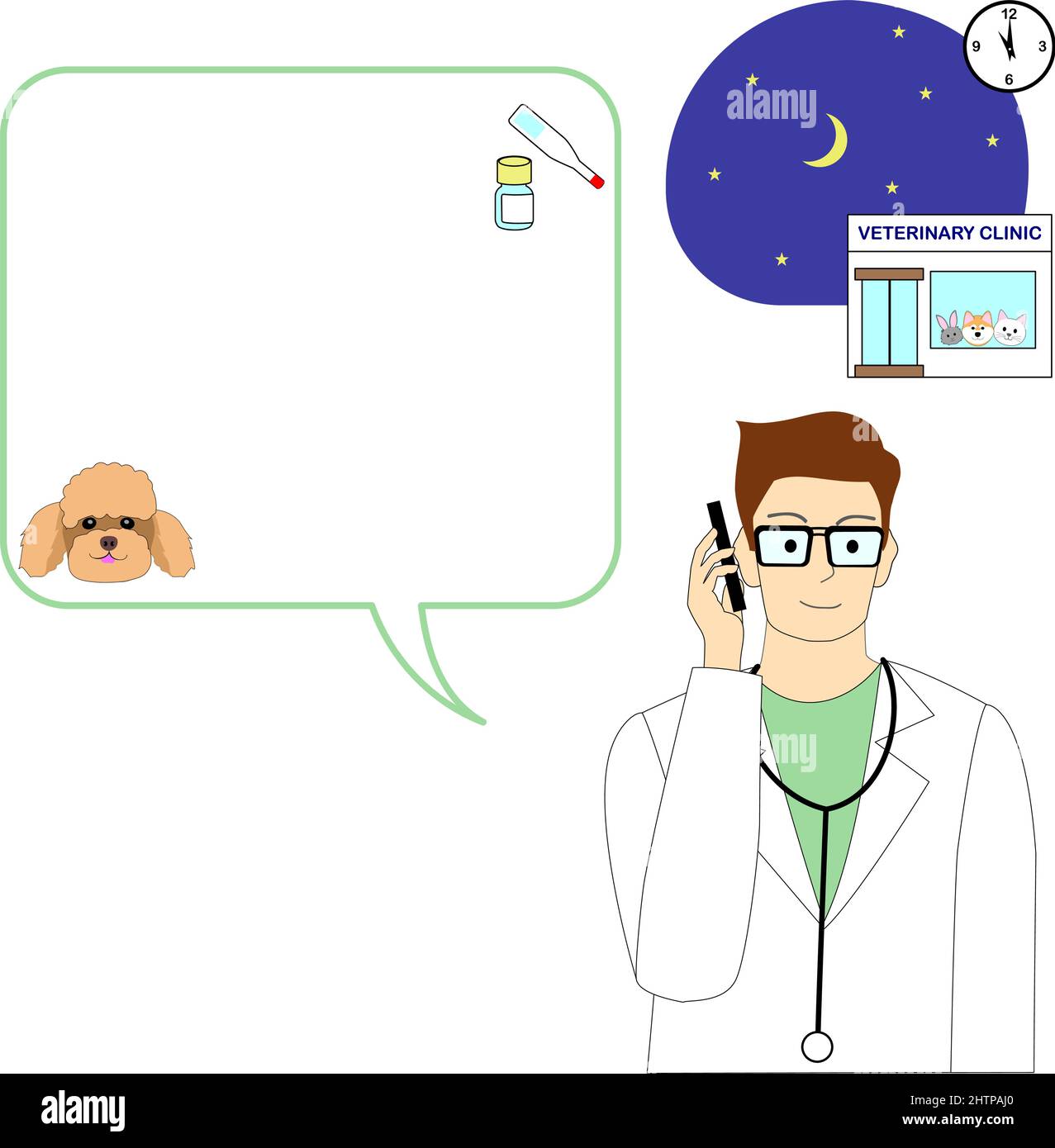 Scena notturna della clinica veterinaria con un palloncino di discorso e uomo veterinario su un cellulare Illustrazione Vettoriale