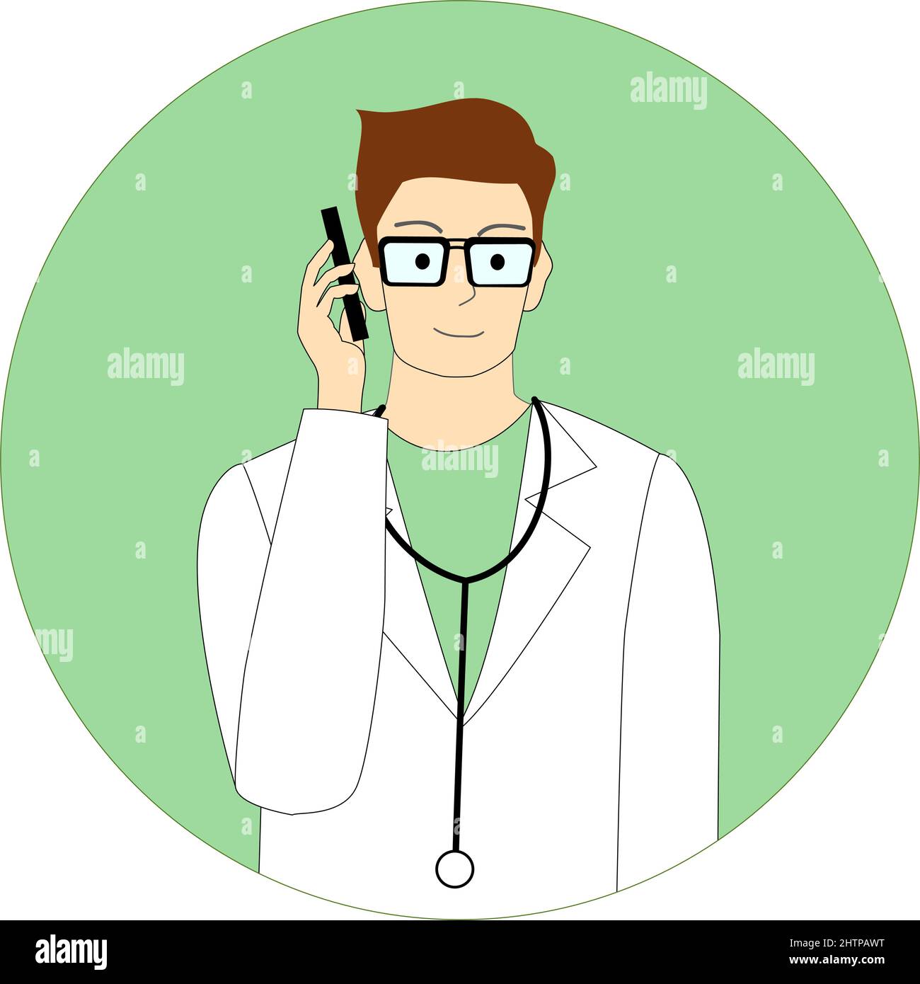 Il medico che parla su un cellulare con sfondo bianco Illustrazione Vettoriale
