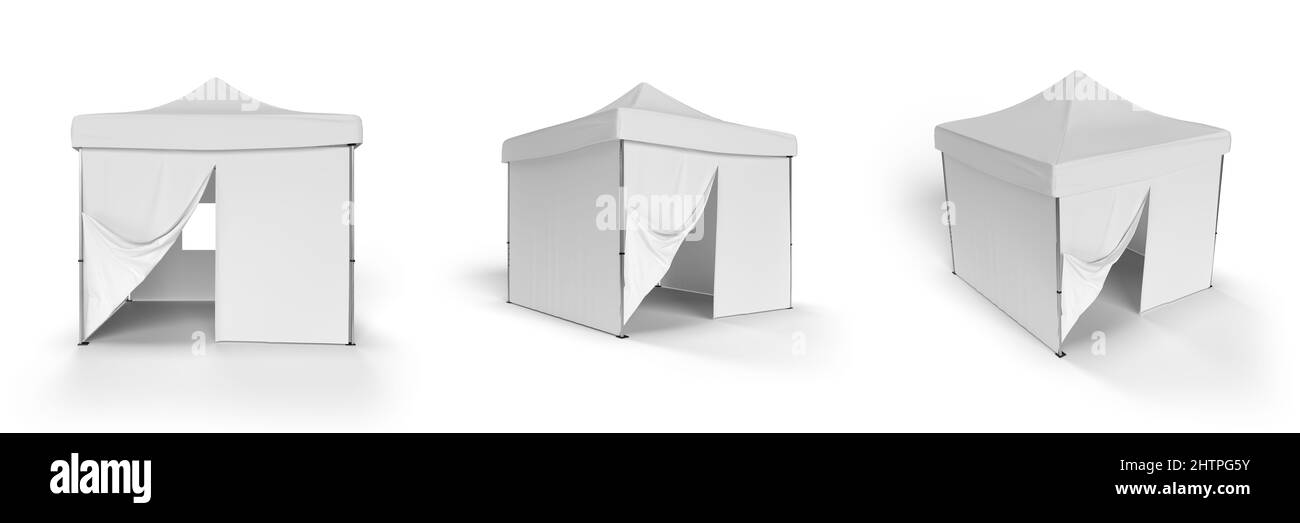 Una mostra Gazebo Marquee 3 viste di una tenda con lati chiusi, retro finestra parete e apertura anteriore per la privacy e screening, 3D rendere ifor mockups Foto Stock