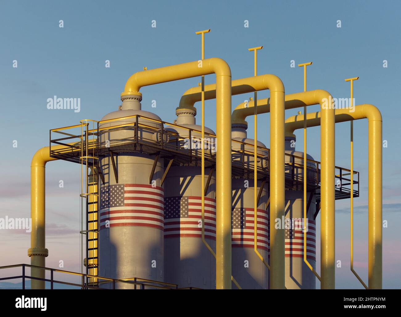 Serbatoio di gas naturale in fabbrica di gas con bandiera Foto Stock