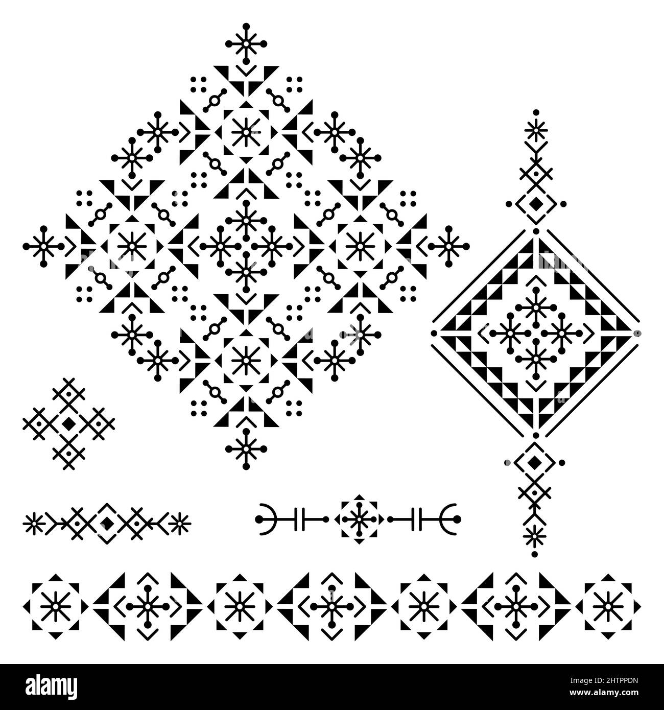 Iceland rune art style geometric tribal line art vettoriale Square e Long design collection, set in bianco e nero ispirato ai motivi vichinghi Illustrazione Vettoriale