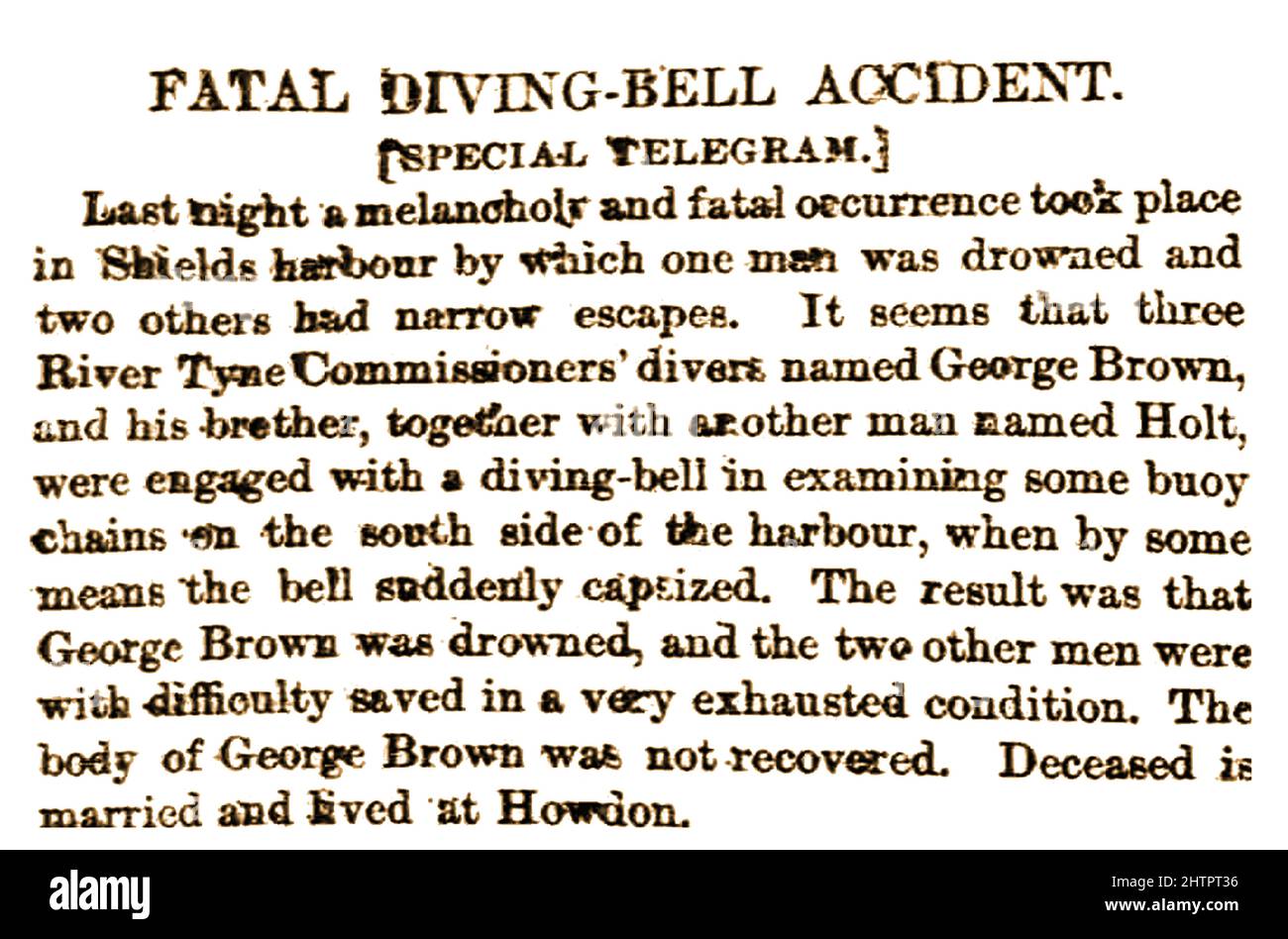 INCIDENTE FATALE DI CAMPANELLO D'IMMERSIONE - clip dal Bradford Observer (UK) giornale luglio 22nd 1873. Segnalazione della morte del subacqueo George Brown in un incidente di campanello d'immersione nel fiume Tyne nel porto di Shields. Foto Stock