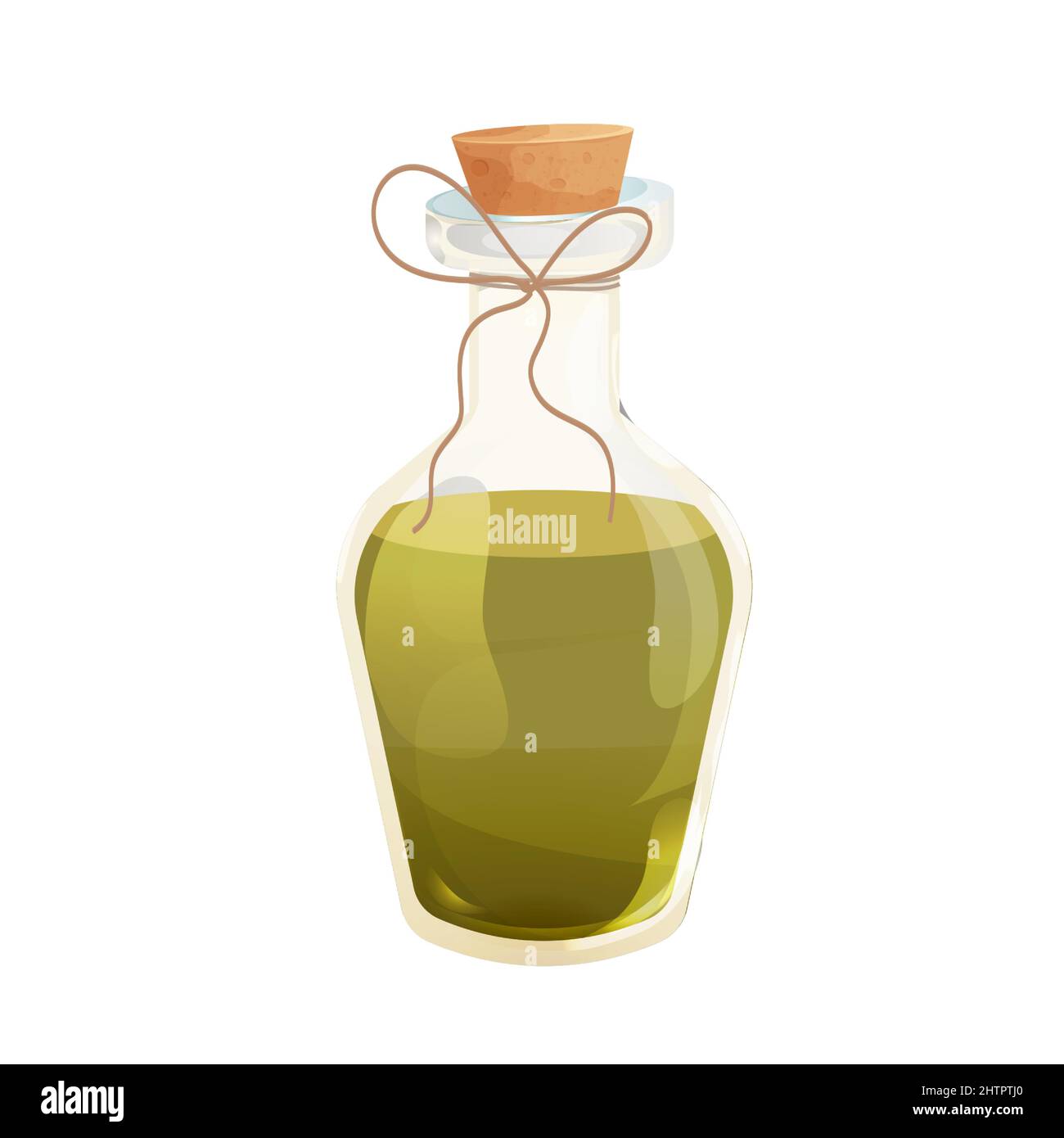 Olio d'oliva in bottiglia di vetro con sughero in cartoon isolato su sfondo bianco. Ingrediente naturale greco, . Illustrazione vettoriale Illustrazione Vettoriale