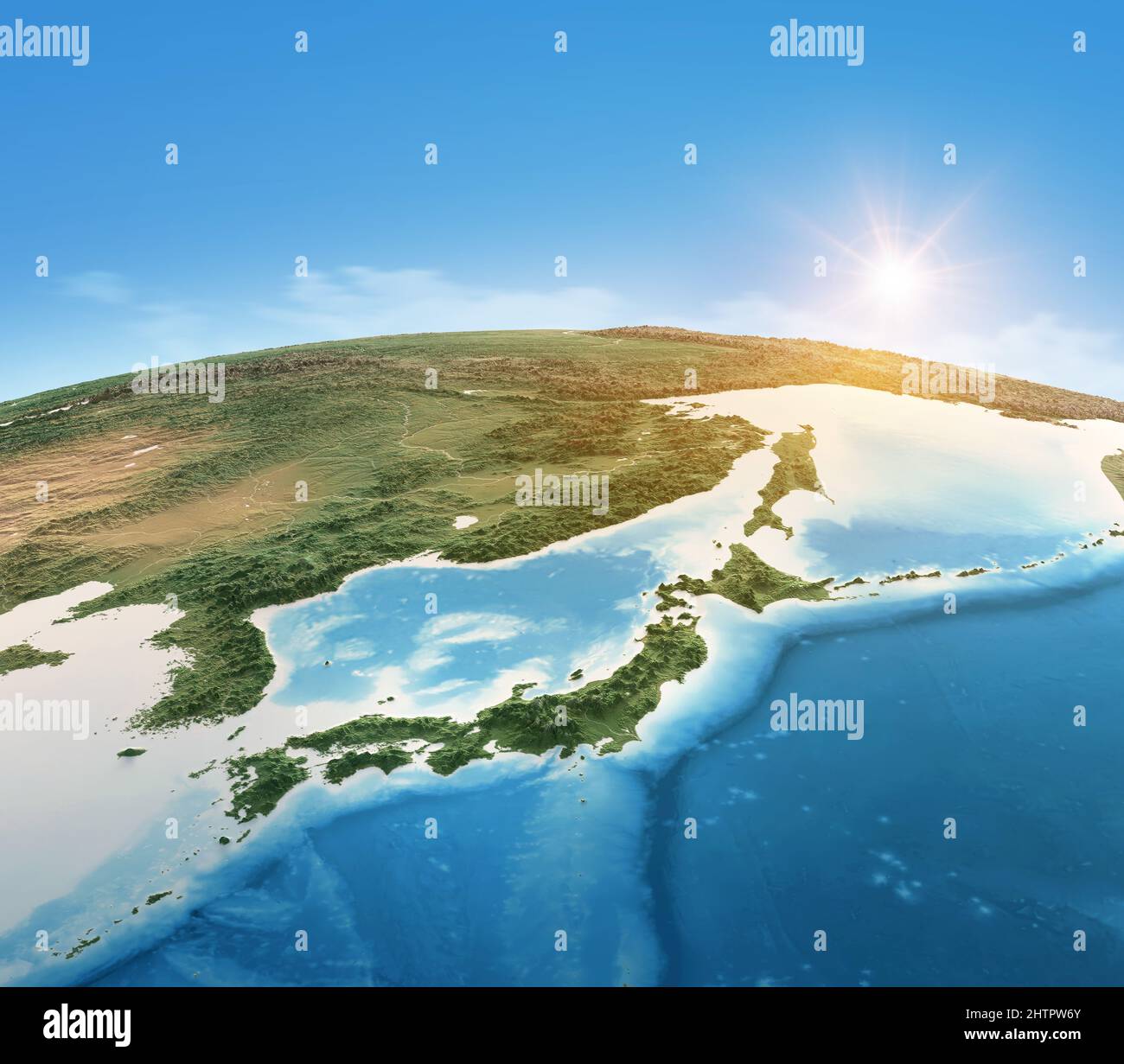 Mappa fisica del pianeta Terra, focalizzata su Giappone, Corea del Nord e Corea del Sud. Vista satellitare dell'Asia orientale. Elementi forniti dalla NASA Foto Stock