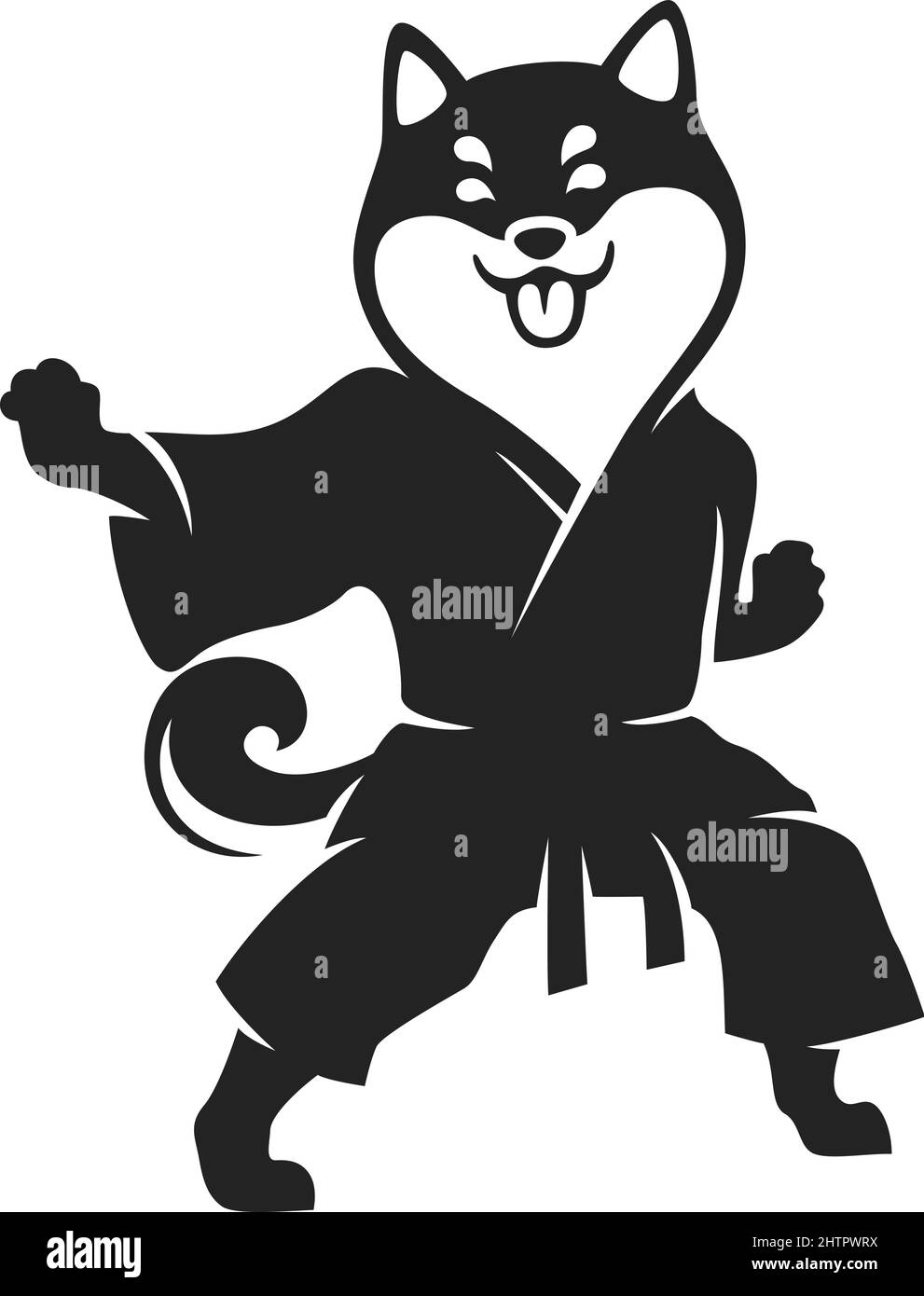 Shiba Dog indossa uniformi d'arte marziale che eseguono posizioni di Karate Illustrazione Vettoriale