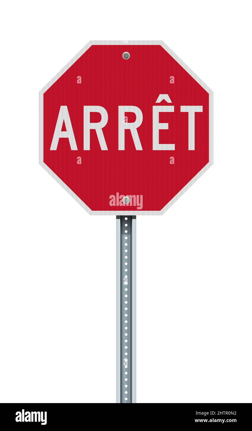 Illustrazione vettoriale del cartello rosso Arret (fermata in francese per la provincia del Québec) con effetto riflettente Illustrazione Vettoriale