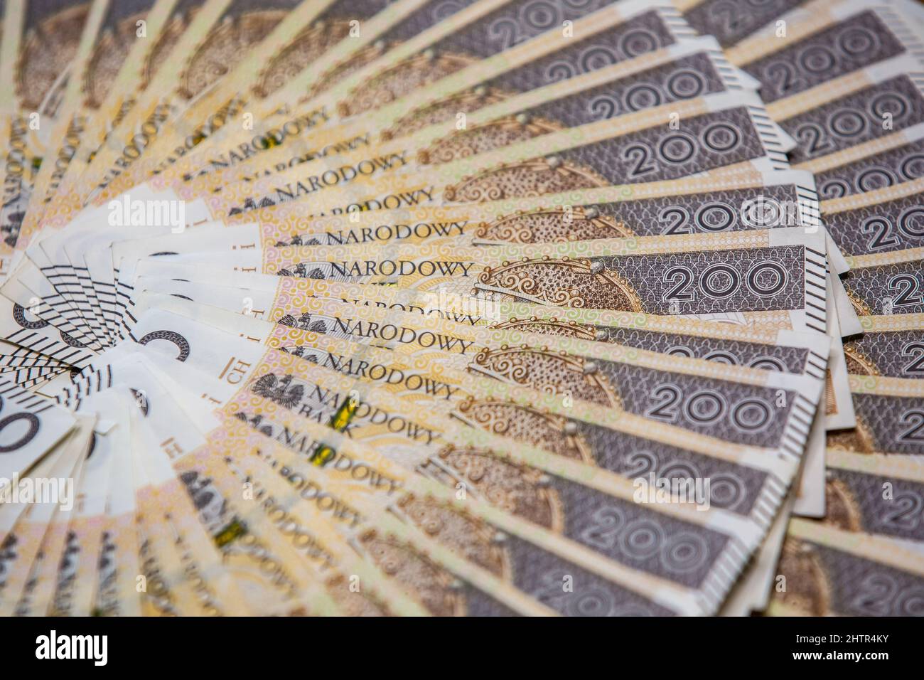 Concetto di politica monetaria polacca duecento banconote polacche Zloty PLN Mint Condition Foto Stock
