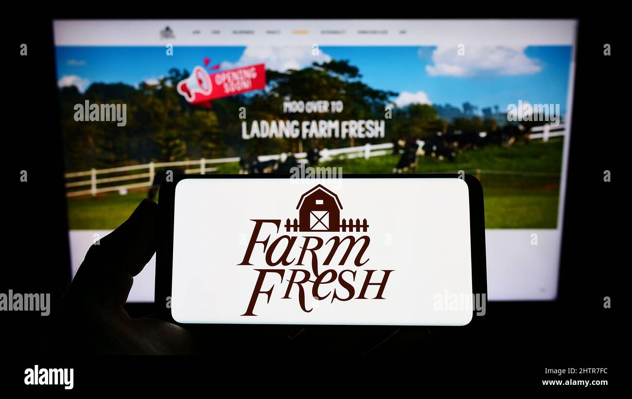 Persona che tiene smartphone con il logo della società casearia malese Farm Fresh Berhad sullo schermo di fronte al sito web. Mettere a fuoco sul display del telefono. Foto Stock