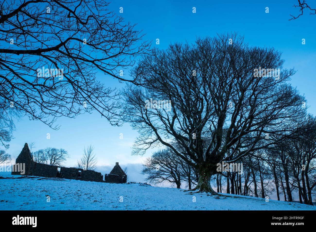 Coperte di neve le rovine di un antico casale isolato. Foto Stock