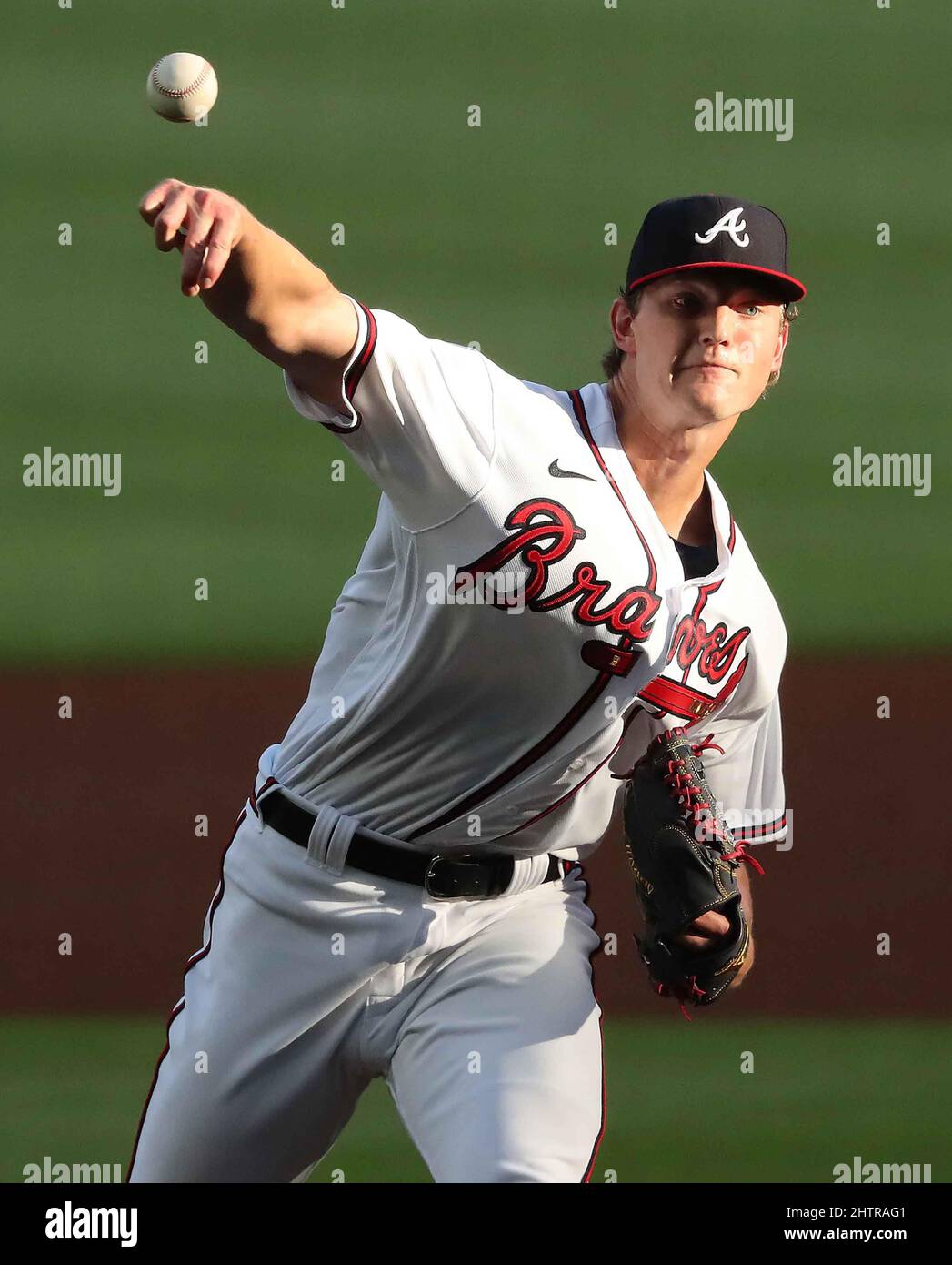 Atlanta, Stati Uniti. 03rd ago 2020. Mike Soroka, lanciatore di Atlanta Braves, lavora contro i New York Mets il 3 agosto 2020 ad Atlanta. (Foto di Curtis Compton/Atlanta Journal-Constitution/TNS/Sipa USA) Credit: Sipa USA/Alamy Live News Foto Stock