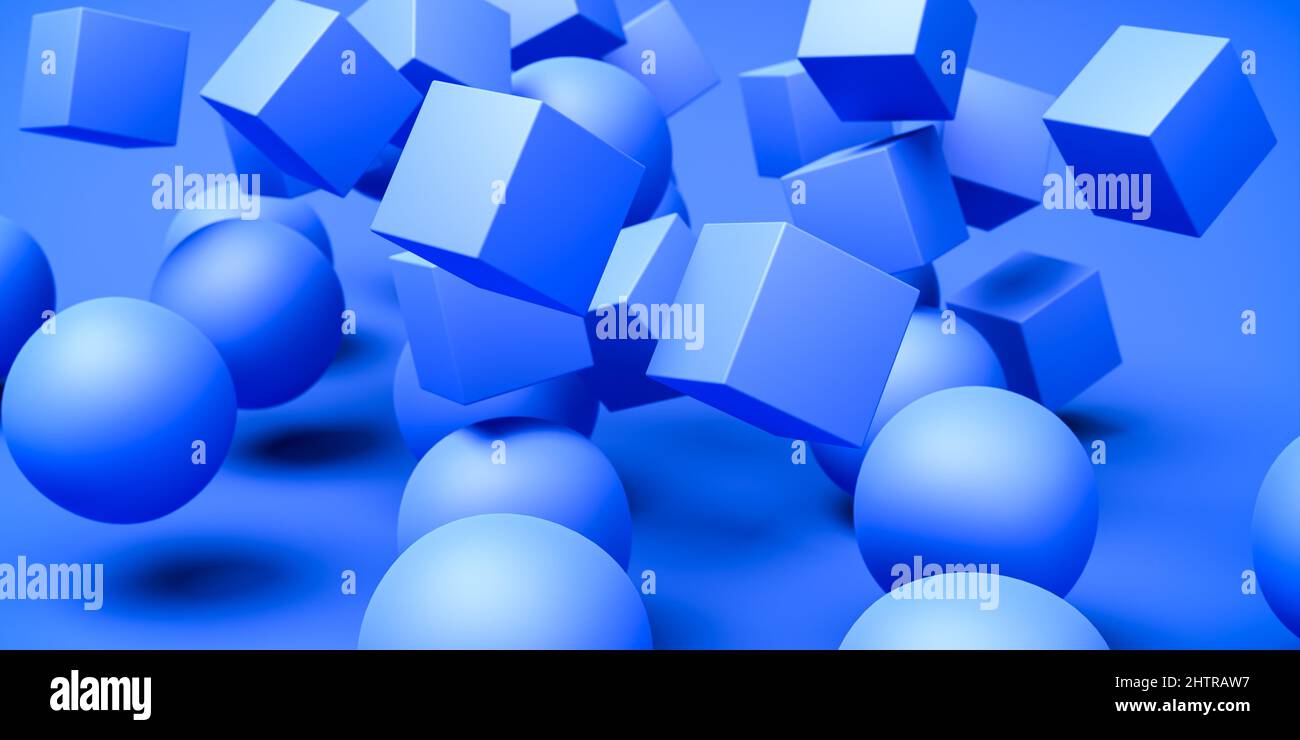 Immagine astratta di cubi e sfere blu che cadono su sfondo blu. Formato banner Web Foto Stock