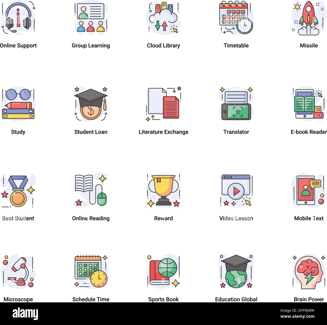Icone flat vettoriali a colori per l'istruzione online adatte a siti Web, app mobili e qualsiasi altro progetto. Tratto completamente modificabile. 128x128 pixel Perfect. Illustrazione Vettoriale