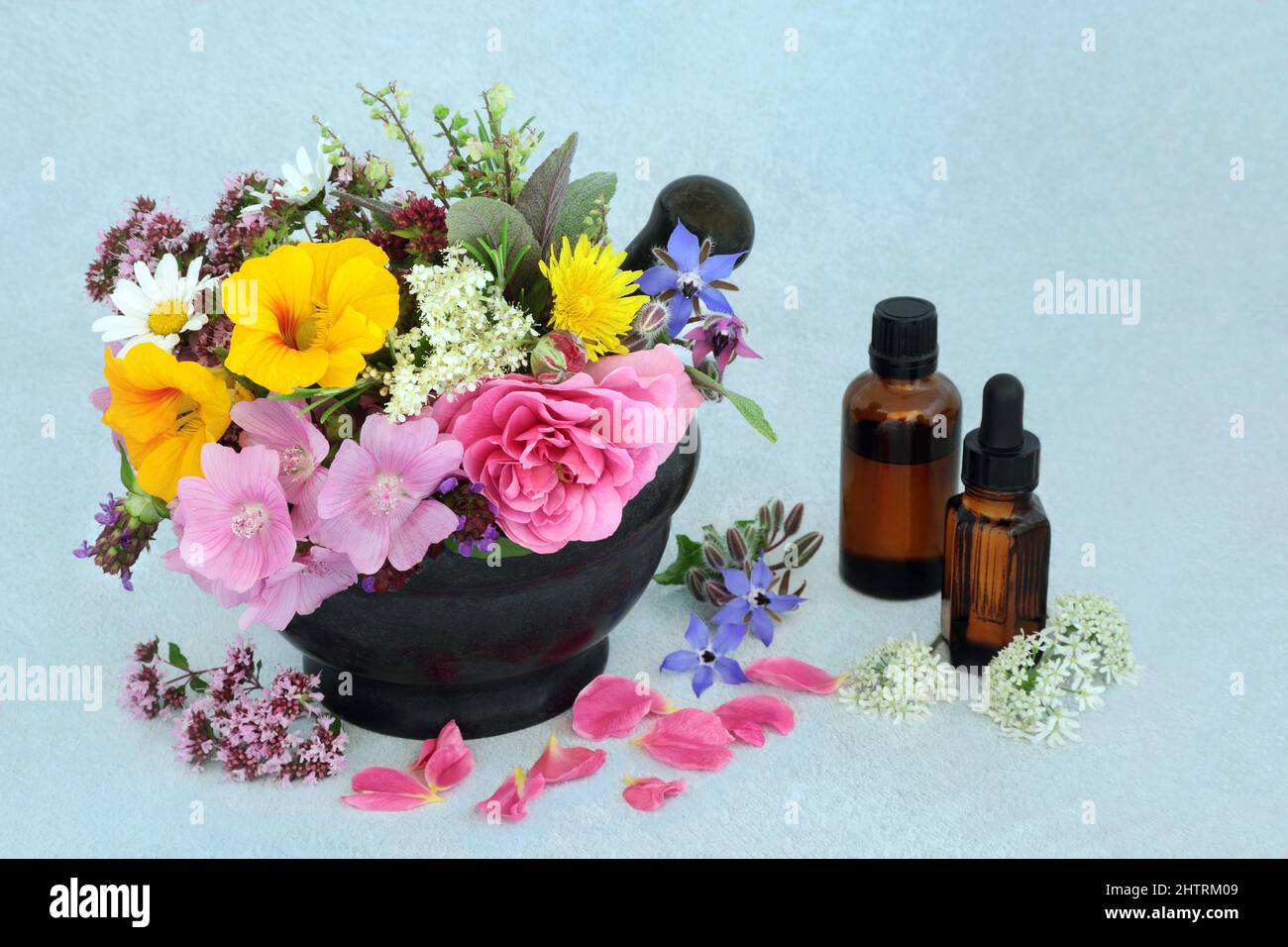 Preparato di olio essenziale per l'uso in aromaterapia erbe di medicina trattamento delle piante, erbe e fiori in un mortaio. Concetto naturale di salute biologica. Foto Stock