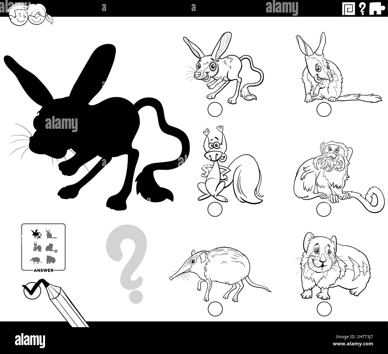Illustrazione cartoon in bianco e nero che mostra come trovare l'immagine giusta al compito educativo ombra per i bambini con caratteri animali libro da colorare pag Illustrazione Vettoriale