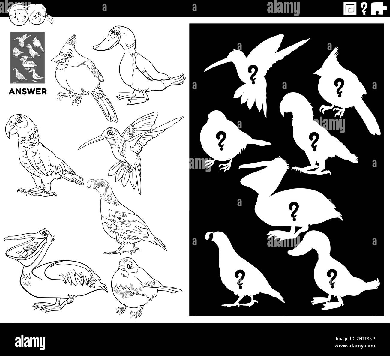 Illustrazione di cartoni animati in bianco e nero di immagini di corrispondenza e la forma o la silhouette destra con uccelli personaggi animali gioco educativo per i bambini co Illustrazione Vettoriale