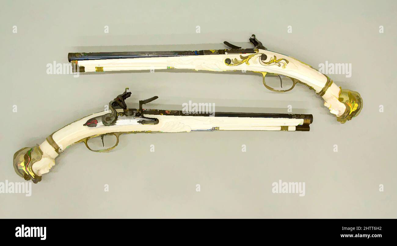Arte ispirata alla coppia di pistole Flintlock, ca. 1675–85, Aquisgrana, Paesi Bassi meridionali, Aquisgrana, acciaio, oro, argento, avorio, L. di ogni 19 3/8 poll. (49,2 cm); L. di ogni barile 12 3/16" (30,9 cm); cal. Di ogni barile .52 poll. (13,2 mm); peso di ciascuno 2 lb. 3 once (992 g), armi da fuoco-pistole, opere classiche modernizzate da Artotop con un tuffo di modernità. Forme, colore e valore, impatto visivo accattivante sulle emozioni artistiche attraverso la libertà delle opere d'arte in modo contemporaneo. Un messaggio senza tempo che persegue una nuova direzione selvaggiamente creativa. Artisti che si rivolgono al supporto digitale e creano l'NFT Artotop Foto Stock