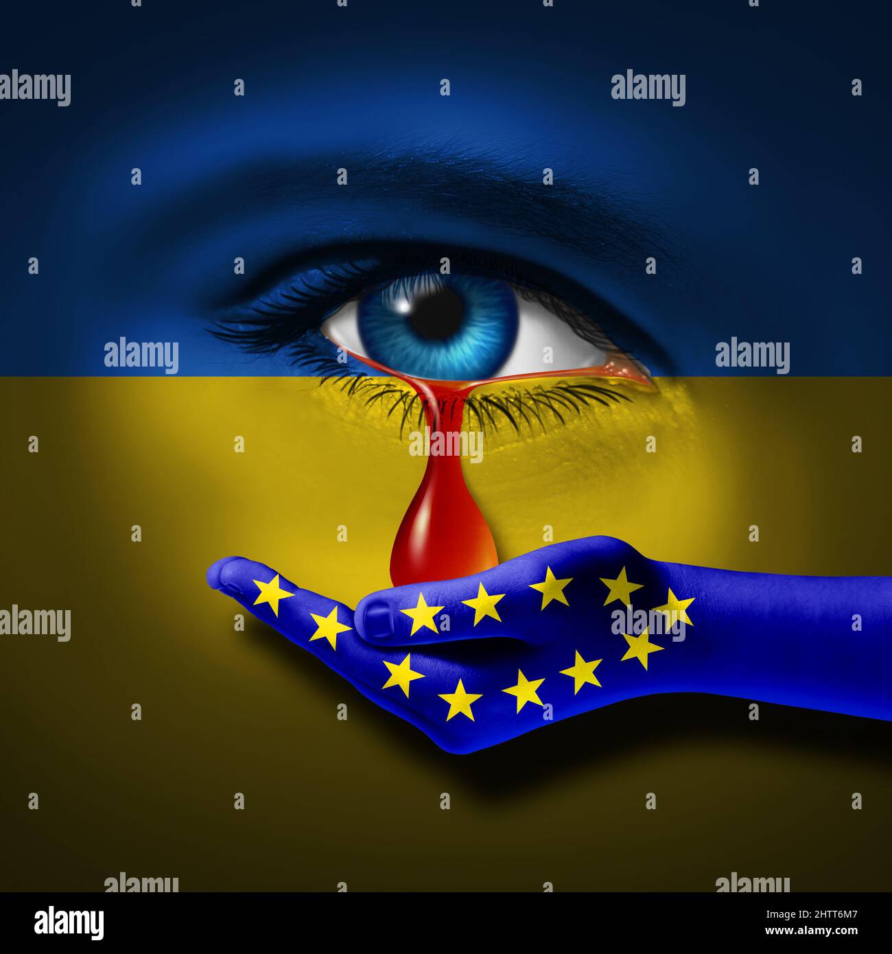 Europa l'Ucraina sostiene la tragedia Ucraina e la crisi di pace come un triste conflitto geopolitico tra l'Ucraina e la Russia come europeo. Foto Stock