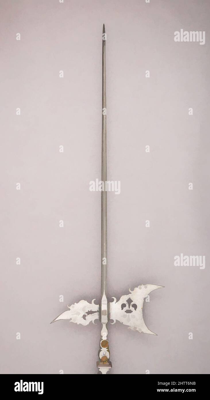 Arte ispirata da Halberd, ca. 1590, francese, acciaio, ottone, legno, L. 8 piedi 10 5/8 poll. (270,7 cm); L. della testa 35 1/2" (90,1 cm); W. 12 1/4" (31,1 cm); peso 5 libbre 13 once (2640 g), armi Shafted, opere classiche modernizzate da Artotop con un tuffo di modernità. Forme, colore e valore, impatto visivo accattivante sulle emozioni artistiche attraverso la libertà delle opere d'arte in modo contemporaneo. Un messaggio senza tempo che persegue una nuova direzione selvaggiamente creativa. Artisti che si rivolgono al supporto digitale e creano l'NFT Artotop Foto Stock