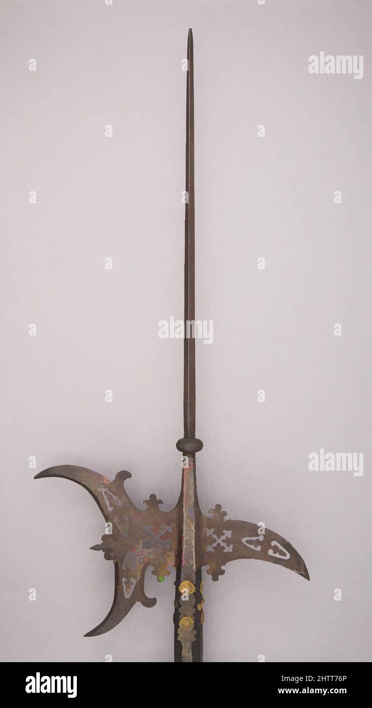 Arte ispirata da Halberd, ca. 1560, Italiano, acciaio, legno, oro, L. 8 piedi 9 poll. (266,9 cm); L. della testa 31 1/2" (80 cm); W. 15 1/2" (39,3 cm); peso 6 libbre 4 once (2830 g), armi Shafted, opere classiche modernizzate da Artotop con un tuffo di modernità. Forme, colore e valore, impatto visivo accattivante sulle emozioni artistiche attraverso la libertà delle opere d'arte in modo contemporaneo. Un messaggio senza tempo che persegue una nuova direzione selvaggiamente creativa. Artisti che si rivolgono al supporto digitale e creano l'NFT Artotop Foto Stock