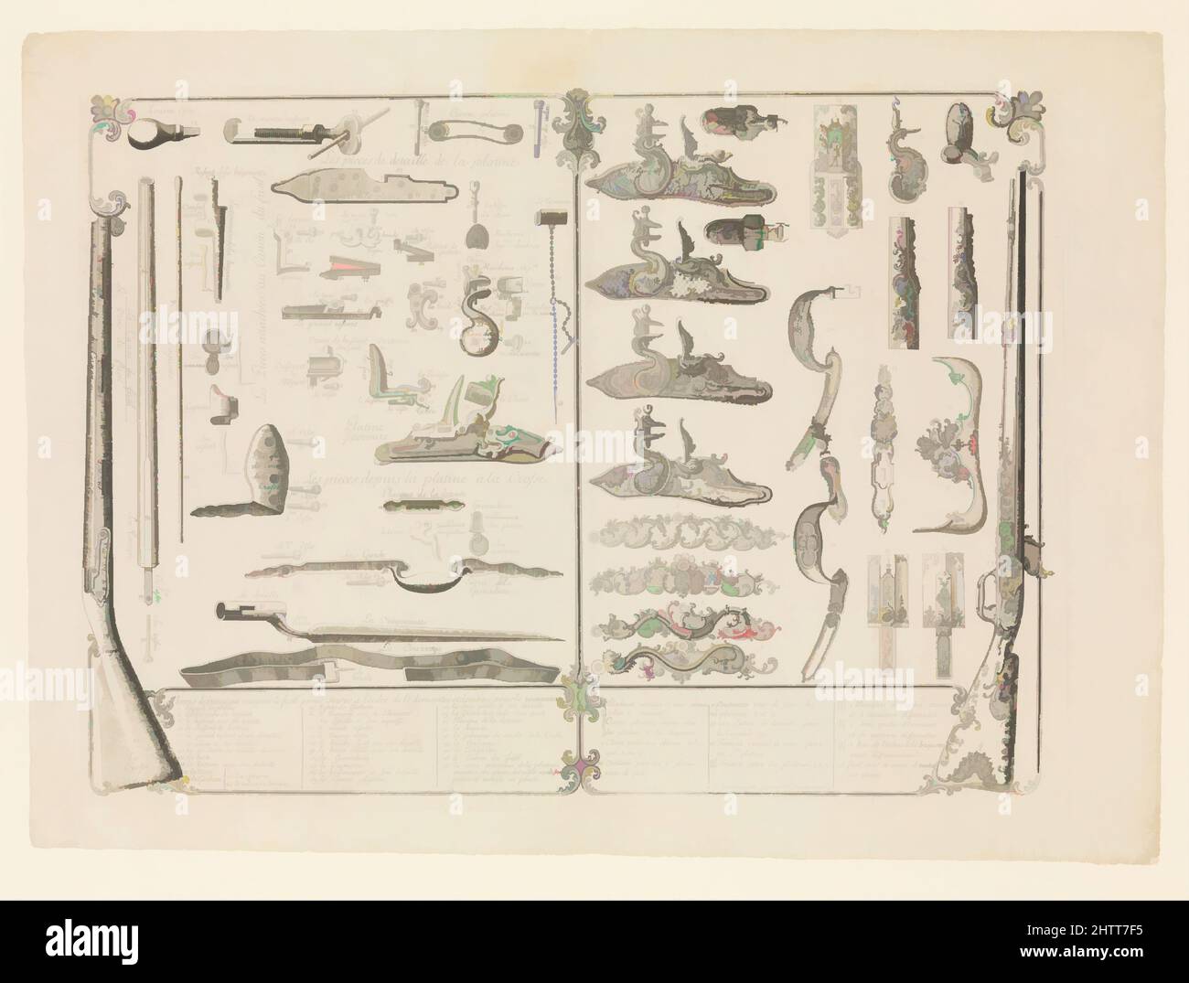 Arte ispirata dall'incisione delle parti di armi da fuoco, ca. 1750, Strasburgo, francese, Strasburgo, inchiostro su carta, 18 3/4 x 25 1/4 poll. (47,5 x 64 cm), opere su carta-stampe, realizzate da un poco noto incisore di nome Perrier, questa rara e informativa stampa illustra e nomina tutte le parti trovate in, opere classiche modernizzate da Artotop con un tuffo di modernità. Forme, colore e valore, impatto visivo accattivante sulle emozioni artistiche attraverso la libertà delle opere d'arte in modo contemporaneo. Un messaggio senza tempo che persegue una nuova direzione selvaggiamente creativa. Artisti che si rivolgono al supporto digitale e creano l'NFT Artotop Foto Stock