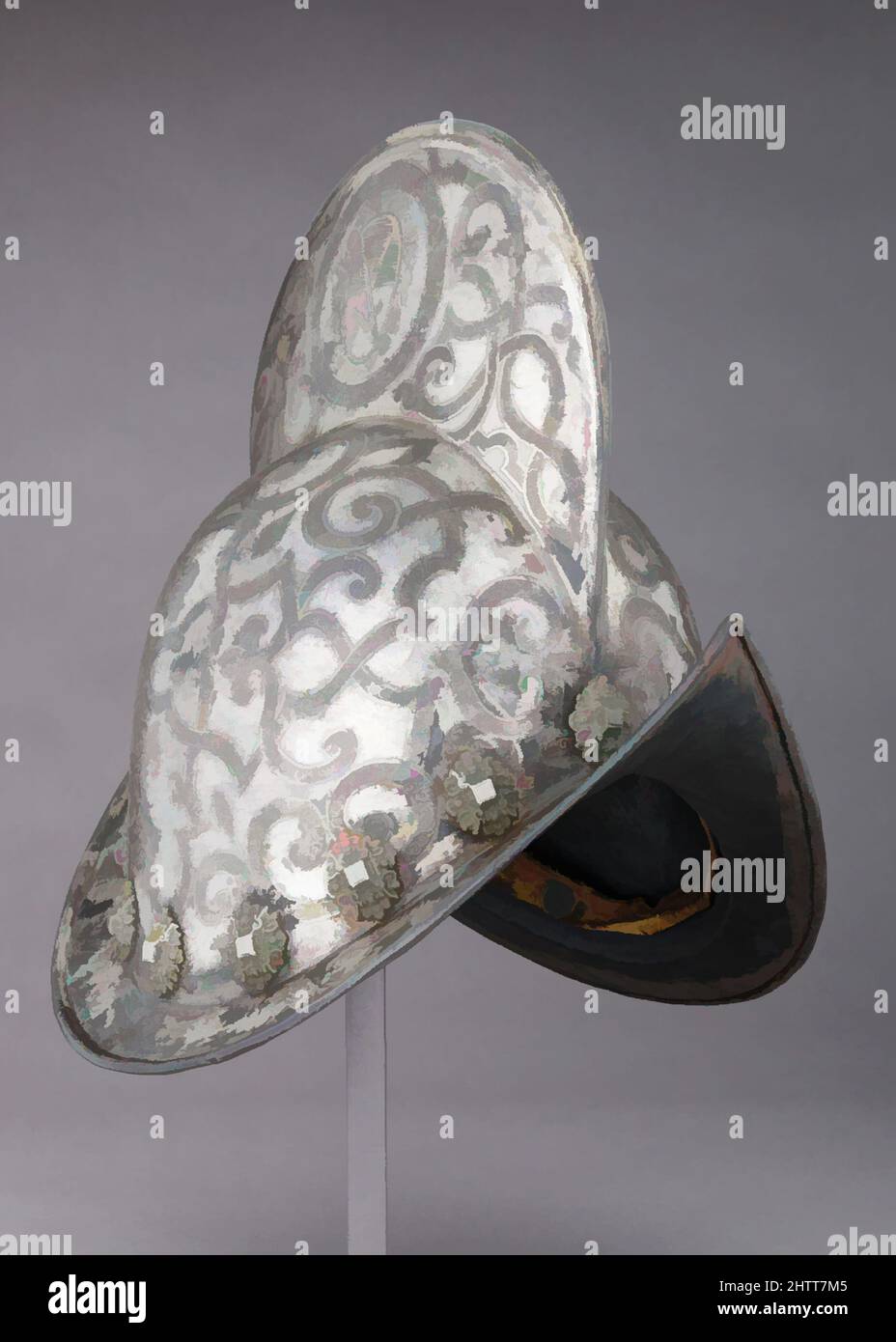 Arte ispirata a Morion, ca. 1600, Norimberga, Tedesco, Norimberga, acciaio, Argento, pigmento, oro, ottone, H. 12 1/2 poll. (31,8 cm); H. del pettine da 4 5/16" (11 cm); W. 9 3/4" (24,8 cm); D. 13 1/8" (33,3 cm); peso 4 libbre (1814 g), caschi, gli elettori della Sassonia sembrano essere stati gli unici, opere classiche modernizzate da Artotop con un tuffo di modernità. Forme, colore e valore, impatto visivo accattivante sulle emozioni artistiche attraverso la libertà delle opere d'arte in modo contemporaneo. Un messaggio senza tempo che persegue una nuova direzione selvaggiamente creativa. Artisti che si rivolgono al supporto digitale e creano l'NFT Artotop Foto Stock