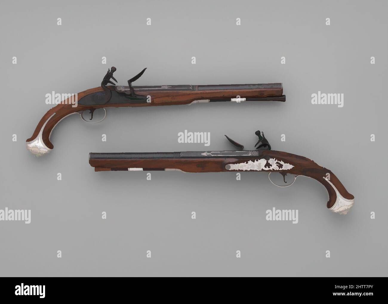 Arte ispirata alla coppia di pistole Flintlock, ca. 1775, Dublino, Irlanda, acciaio, argento, Legno (noce), L. di ogni 18 11/16 poll. (47,5 cm); L. di ogni barile 11 15/16" (30,3 cm); cal. Di ogni .69 poll. (17,5 mm); peso di ciascuno 2 lb. 5 once (1048,9 g), Firearms-Pistols-Flintlock, opere classiche modernizzate da Artotop con un tocco di modernità. Forme, colore e valore, impatto visivo accattivante sulle emozioni artistiche attraverso la libertà delle opere d'arte in modo contemporaneo. Un messaggio senza tempo che persegue una nuova direzione selvaggiamente creativa. Artisti che si rivolgono al supporto digitale e creano l'NFT Artotop Foto Stock