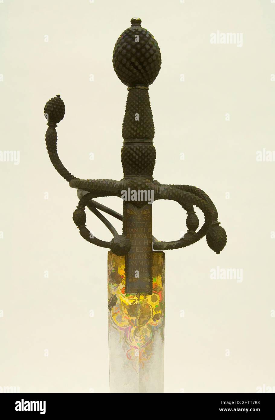 Arte ispirata da Rapier, datata 1560, Milano, Italiano, Milano, Acciaio, ferro, oro, L. 34 1/2 poll. (87,6 cm); L. della lama da 27 1/8" (68,9 cm); W. 6" (15,2 cm); peso 2 libbre 14 once (1304,1 g), Swords, Daniele der Serravalle, opere classiche modernizzate da Artotop con un tocco di modernità. Forme, colore e valore, impatto visivo accattivante sulle emozioni artistiche attraverso la libertà delle opere d'arte in modo contemporaneo. Un messaggio senza tempo che persegue una nuova direzione selvaggiamente creativa. Artisti che si rivolgono al supporto digitale e creano l'NFT Artotop Foto Stock