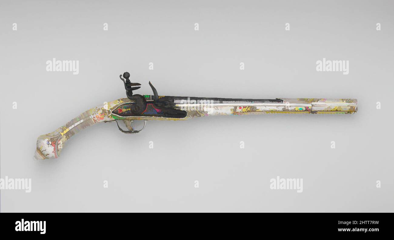 Arte ispirata da Flintlock Pistol, 18th secolo, Balcanico, serratura e barile europeo (probabilmente francese), acciaio, argento, oro, L. 20 1/2 pollici. (57,1 cm); L. di barile 13 1/2" (34,3 cm); L. di serratura da 4 5/8" (11,8 cm); Cal. .65 poll. (16,5 mm); peso 2 libbre 12 once (1304,1 g), armi da fuoco-pistole-, opere classiche modernizzate da Artotop con un tuffo di modernità. Forme, colore e valore, impatto visivo accattivante sulle emozioni artistiche attraverso la libertà delle opere d'arte in modo contemporaneo. Un messaggio senza tempo che persegue una nuova direzione selvaggiamente creativa. Artisti che si rivolgono al supporto digitale e creano l'NFT Artotop Foto Stock