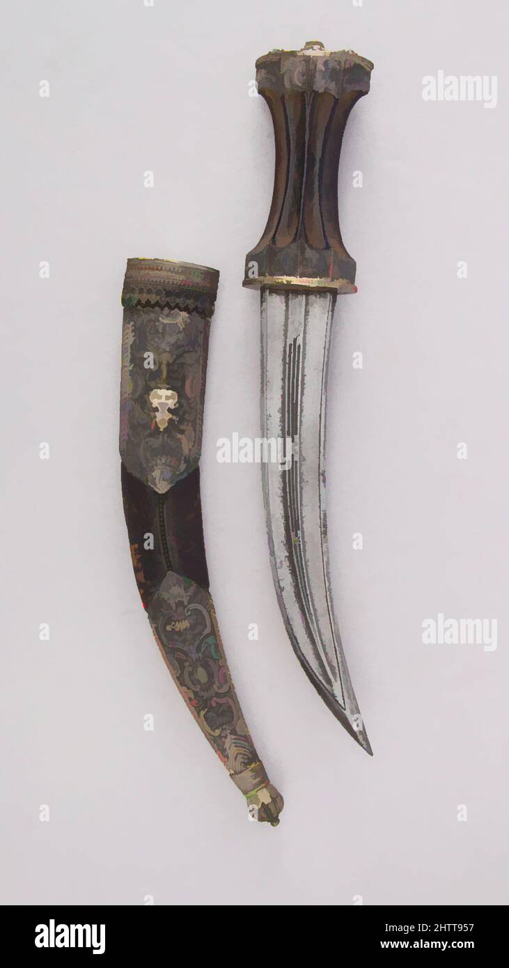 Arte ispirata da Dagger (Jambiya) con guaina, 18th secolo, siriano, acciaio, ottone, Argento, pelle, H. con guaina da 17 5/8 poll. (44,8 cm); H. senza guaina da 15 7/16" (39,2 cm); H. della lama 10 1/8" (25,7 cm); W. 2 5/8" (6,7 cm); peso 12,9 once (365,7 g); peso della guaina 8 oz. (226,8 g, opere classiche modernizzate da Artotop con un tuffo di modernità. Forme, colore e valore, impatto visivo accattivante sulle emozioni artistiche attraverso la libertà delle opere d'arte in modo contemporaneo. Un messaggio senza tempo che persegue una nuova direzione selvaggiamente creativa. Artisti che si rivolgono al supporto digitale e creano l'NFT Artotop Foto Stock