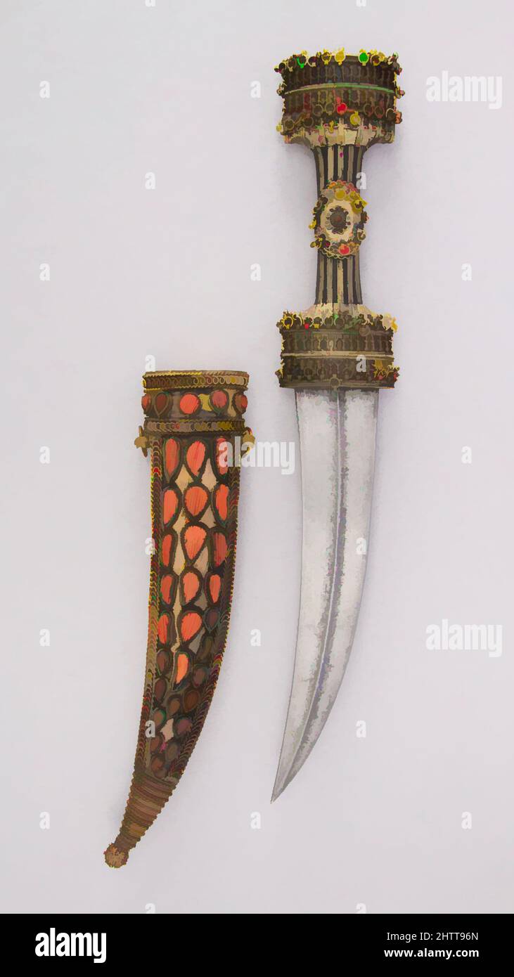 Arte ispirata da Dagger (Jambiya) con guaina, 18th secolo, albanese, acciaio, legno, oro, ottone, corallo, rame, H. con guaina da 18 3/8 poll. (46,7 cm); H. senza guaina da 16 3/4" (42,5 cm); H. della lama 9 1/4" (23,5 cm); W. 2 3/4" (7 cm); peso 15 once (425,2 g); peso di guaina 9,8 oz, opere classiche modernizzate da Artotop con un tuffo di modernità. Forme, colore e valore, impatto visivo accattivante sulle emozioni artistiche attraverso la libertà delle opere d'arte in modo contemporaneo. Un messaggio senza tempo che persegue una nuova direzione selvaggiamente creativa. Artisti che si rivolgono al supporto digitale e creano l'NFT Artotop Foto Stock